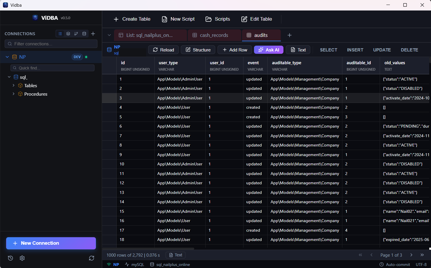 Screenshot of the ViDBA interface